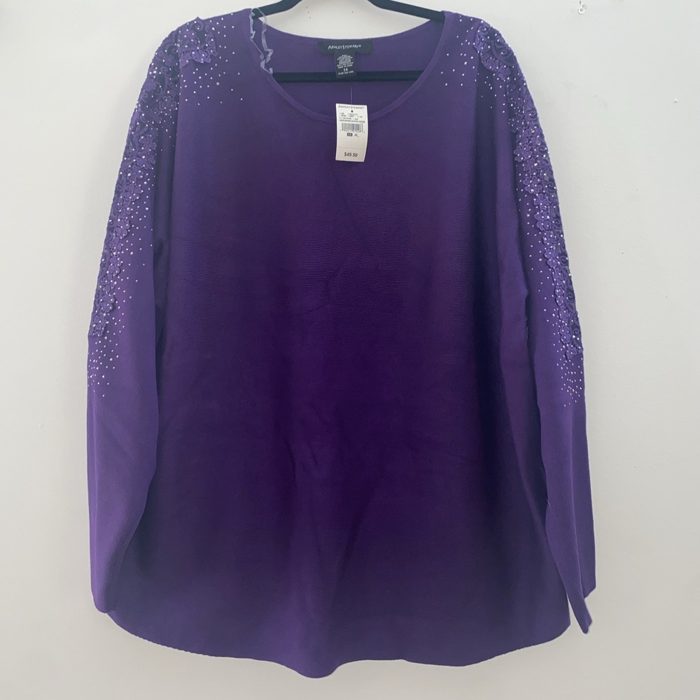 Ashley Stewart Sweater Glitzy Embellished‎ NWT Size 26 Purple Floral